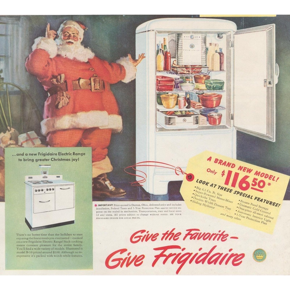 Vintage 1941 Frigidaire Print Ad Santa Refrigerator Christmas Kitchen Decor